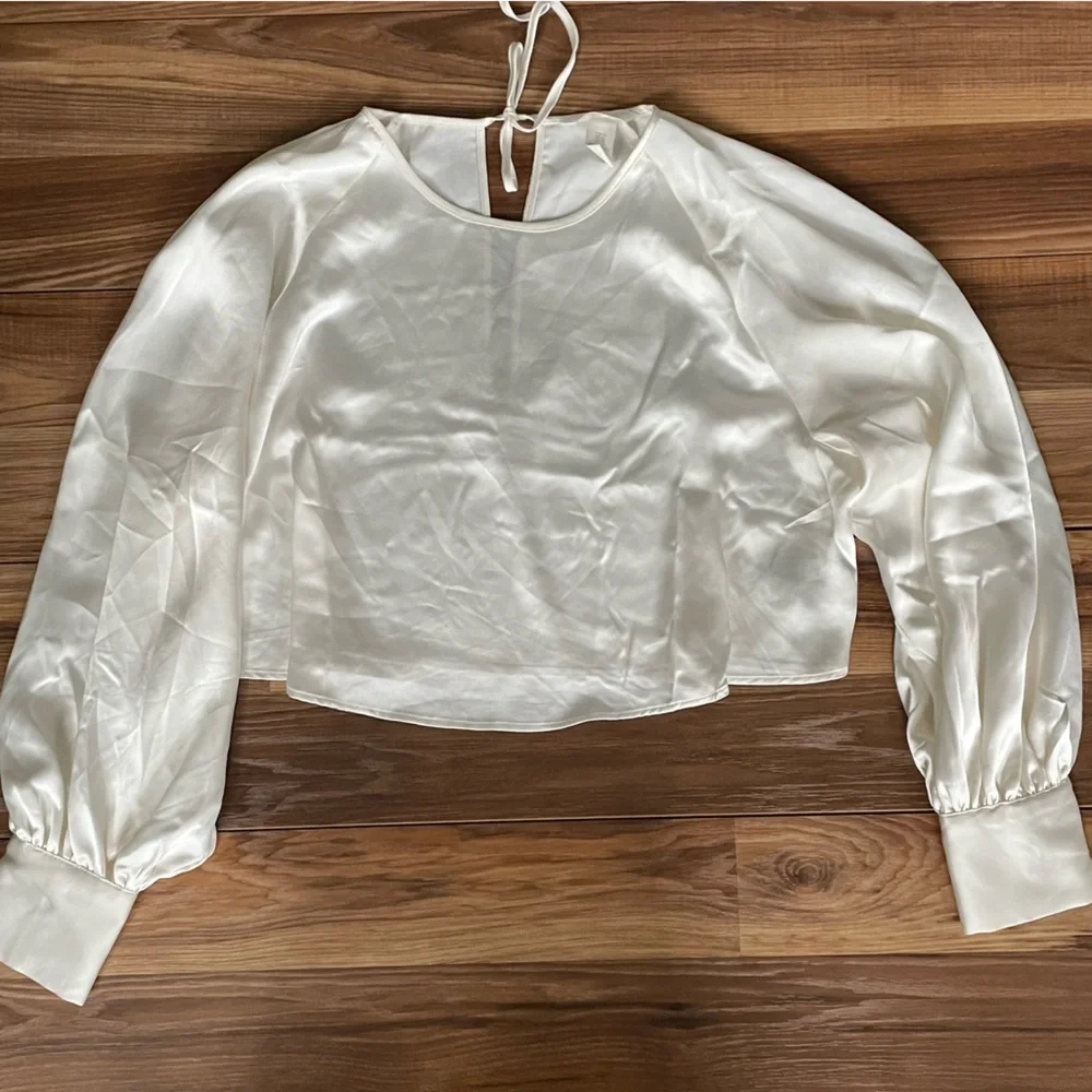 H&M cropped satin top, tie back & button cuffed sleeves size XL new without tags - Picture 1 of 7